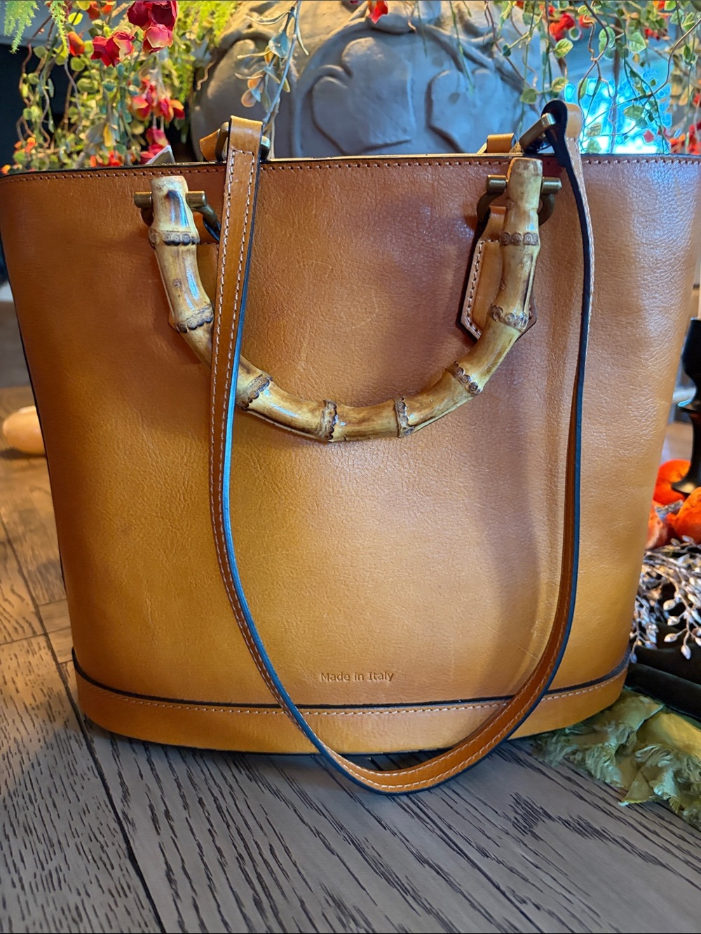 Pratesi Firenze Italian Leather Tote with Bamboo Accent Handles NWT - Picture 4 of 7